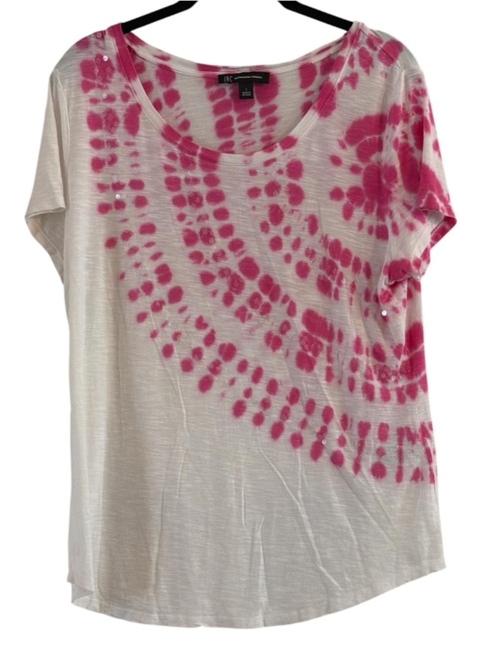INC International Concepts Pink Tie Dye Sequin Top Size L